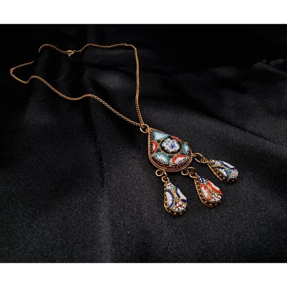 Vintage Italian Gold-Tone Mosaic Pendant Necklace With Dangle Charms & Chain - Picture 2 of 7